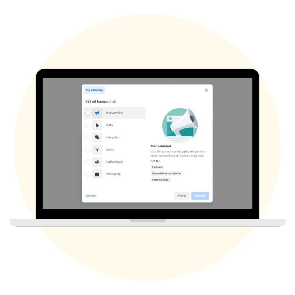 En illustration på en bärbar dator som ska välja kampanjmål i Meta Ads Manager.