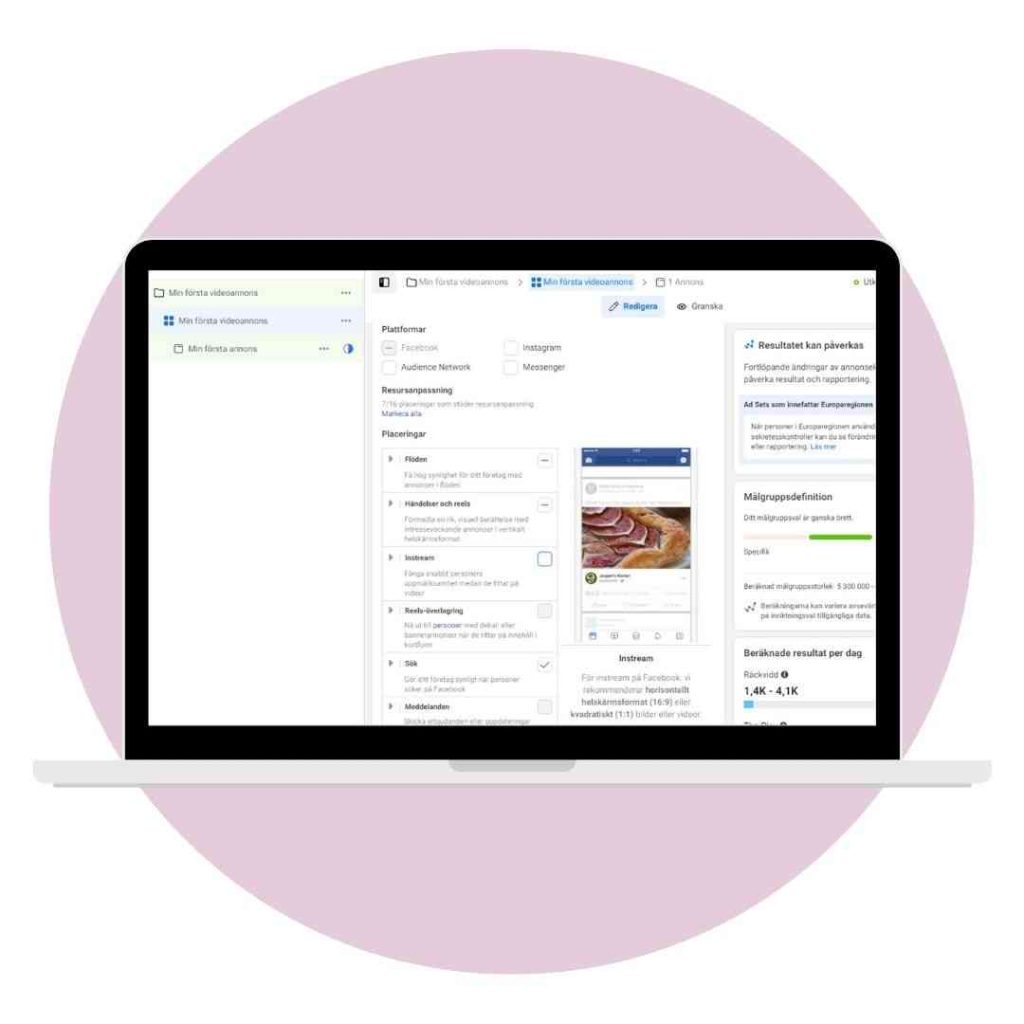 Illustration på bärbar dator som är inne i Meta Ads Manager.