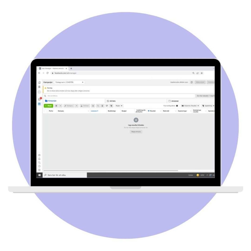 En illustration på en bärbar dator som är inne i Meta Ads Manager.