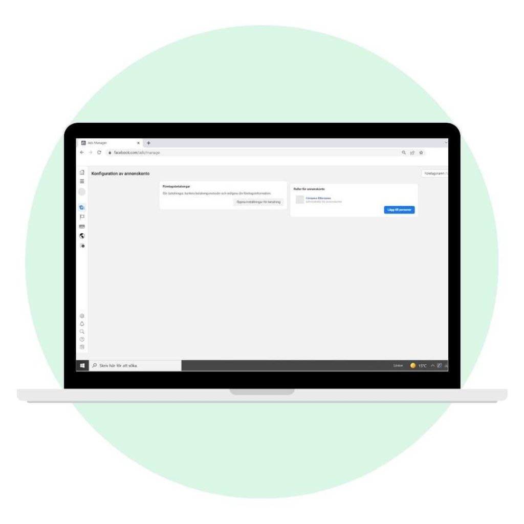 En illustration på en bärbar dator som konfigurerar betalmetod i Meta Ads Manager.