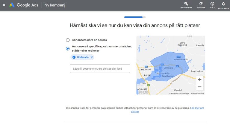 Search Ads på Google steg fyra där du väljer geografisk placering av din annons