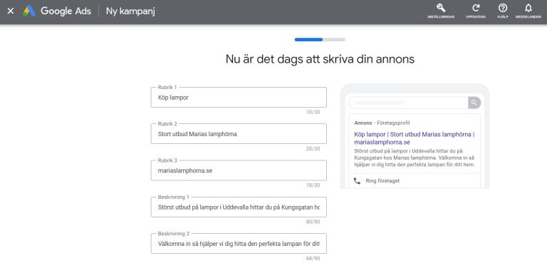 Search Ads på Google steg två där du skriver annonsens rubriker och beskrivningar