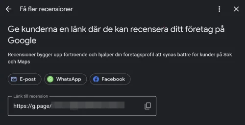 Exempel på recensionslänk från Google My Business Exempel på recensionslänk från Google My Business