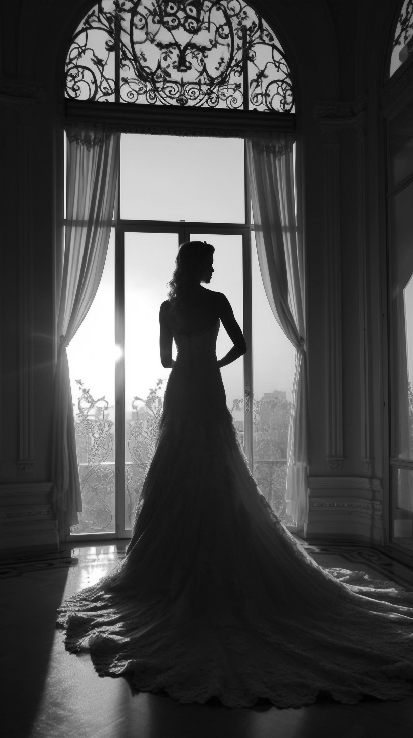 Romantisch huwelijksmoment: Silhouet van een bruid in trouwjurk voor een raam. Uniek en sfeervol, een perfecte weergave van mijn specialiteit in huwelijksfotografie.