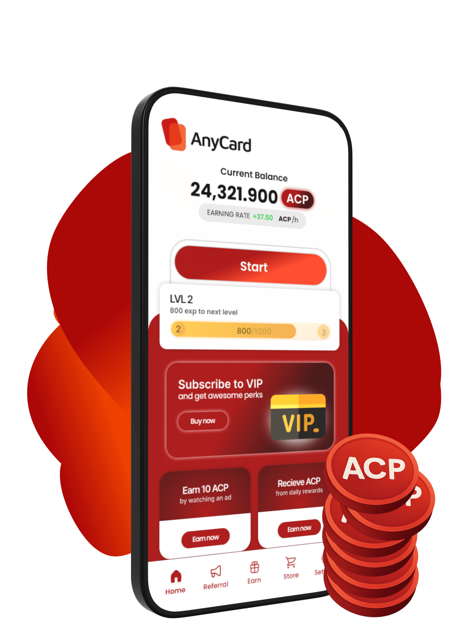 Smartphone displaying AnyCard app home screen with earning instructions