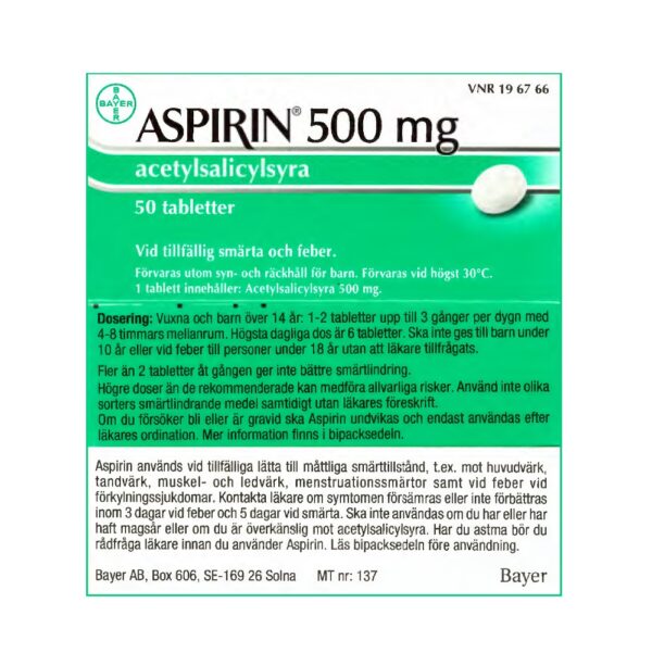 ASPIRIN 500mg 50 tabletter Vnr 19 67 66 back web