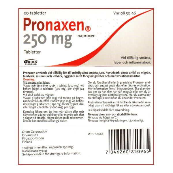 Pronaxen 250 mg 20 tabletter Vnr 08 50 96 box web