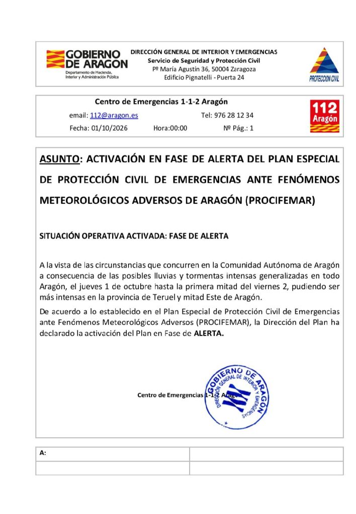 Alerta por fenómenos meteorológicos adversos en Aragón 