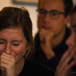Supporters of Clinton react as they watch results of the US election come in at a cafe in Beijing on November 9, 2016. (Photo by AFP)