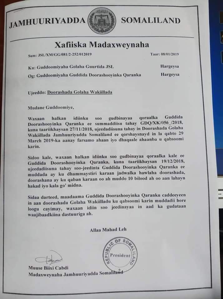 Warqada  Madaxweynaha Somaliland Muuse Biixi u gudbiyay Guurtida araweelo News Network