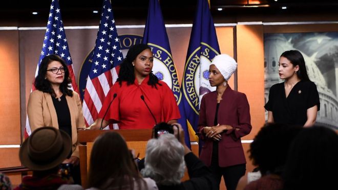 Rashida Tlaib, Ayanna Pressley, Ilhan Omar and ALexandria Ocasio-Cortez responded to the atacks at a press conference on Monday
