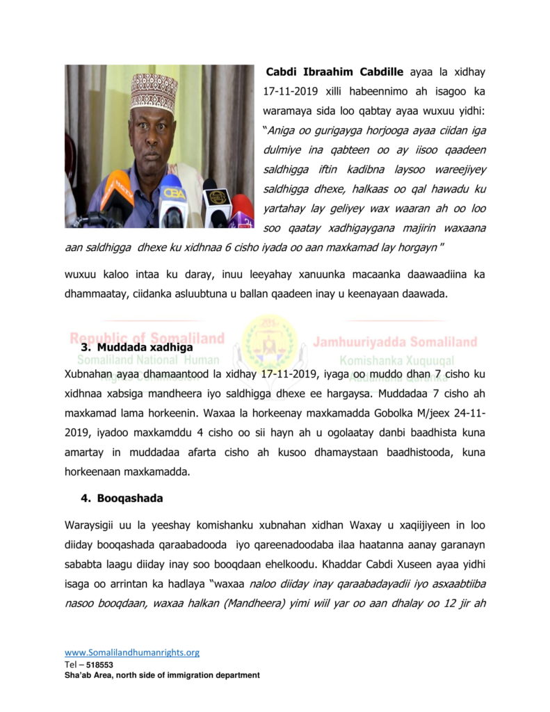 Warbixin Komishanka Qaranka Somalialnd ee Xuquuqda Aadamuhu kasoo saaray Xadhigii Saraakiisha Xisbiga WADDANI 26 Nov 2019.