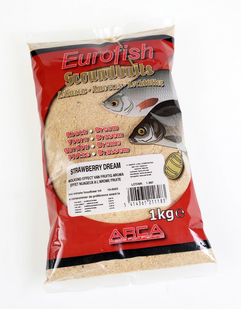 Het Eurofish Strawberry Dream lokvoer van Arca http://www.arca-bifa.com is samengesteld uit fijn tot grof gemalen maïsproducten als babycorn, beschuit, maïsmeel, biscuitmeel en tarwegries, dat na bevochtigen met water een wolkend effect geeft onder water.