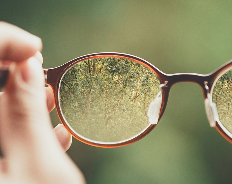 Iemand heeft een bril vast en door de brilglazen zie je bomen terwijl de achtergrond die je niet door de bril ziet wazig is
