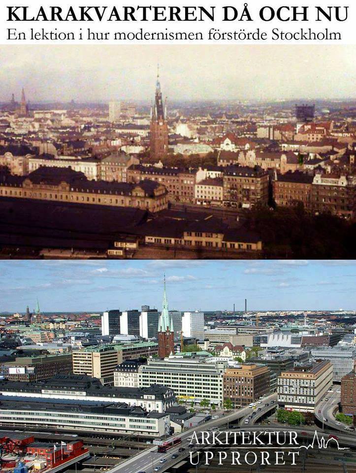 Före och efter rivningshysterin i Klarakvarteren i Stockholm. Nästan allt det gamla och vackra revs till förmån för lådor.