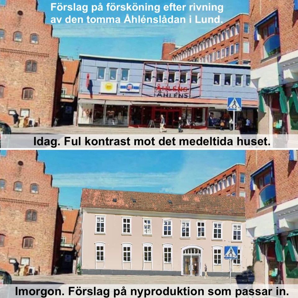 Den klassiske arkitekten Bengt Hellborg har ritat ett harmoniskt förslag i traditionell lundastil på vad som kan ersätta det gamla Åhlénshuset. 