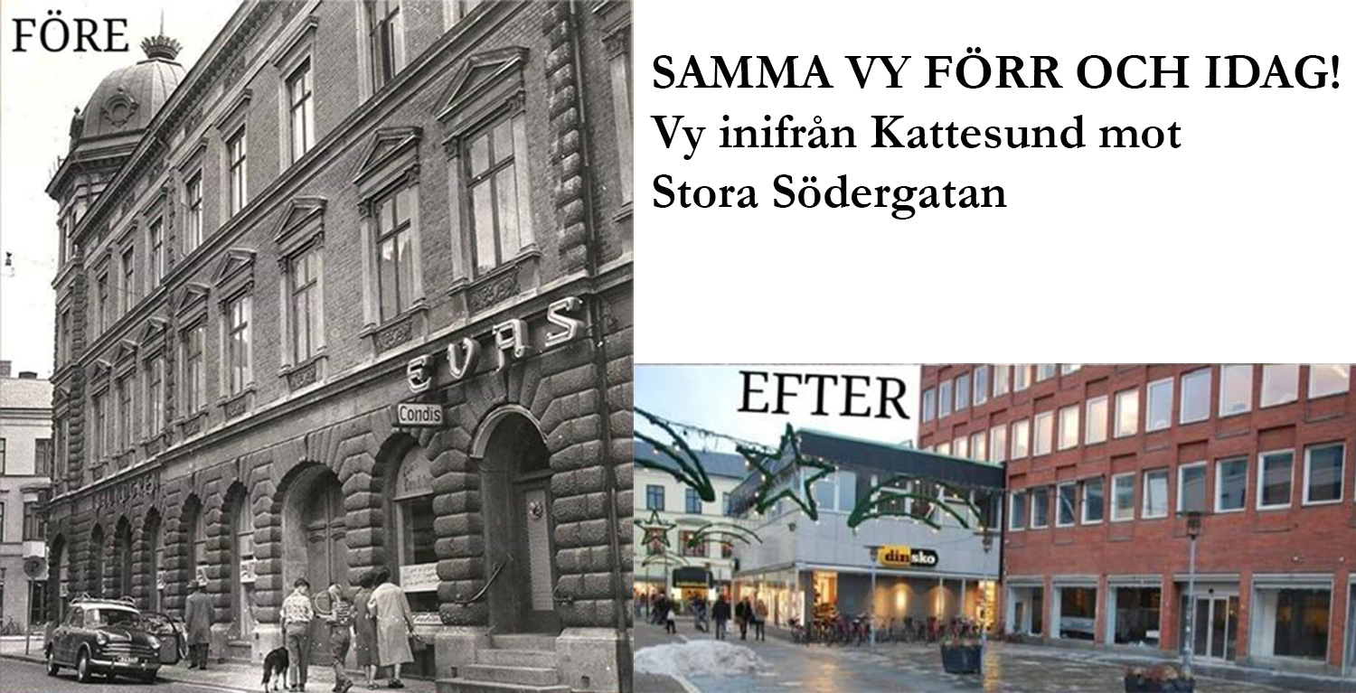 Före och efter rivningen. Vyn sedd inifrån Kattesund mot Stora Södergatan.