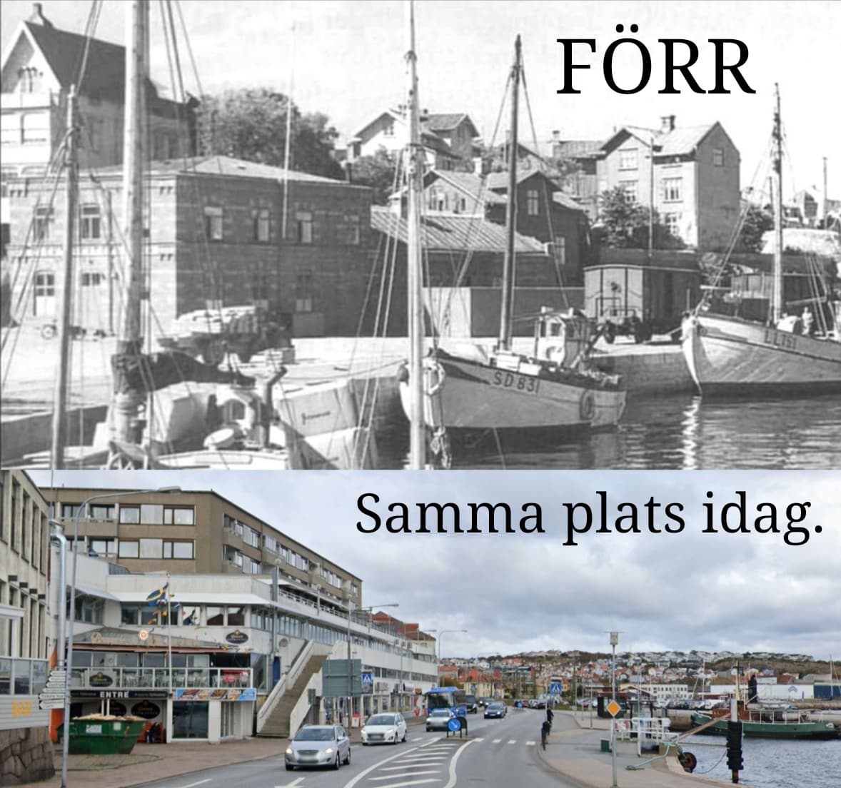 Ungefär samma plats i Lysekil förr och idag. Här ser ni vilken mysig miljö som revs för jättelådan.