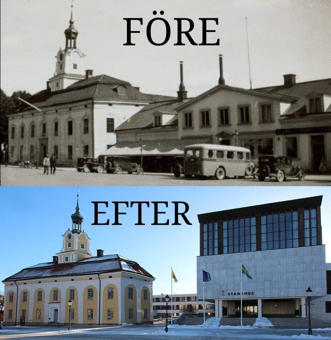 Stadshuset på Stora Torget i Nyköping. Före och efter rivningen.