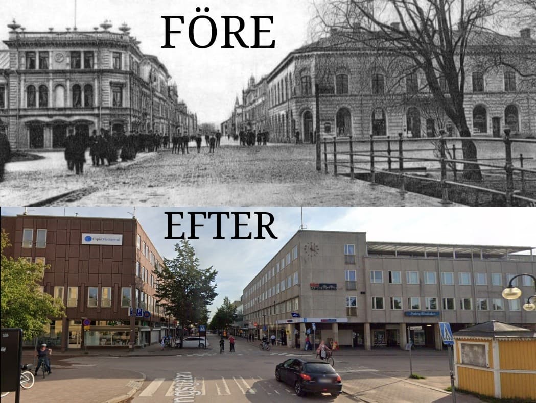 Samma vy förr och idag. Wermlandsbanken revs för byggnationen av klockhuset (NKP-huset). 