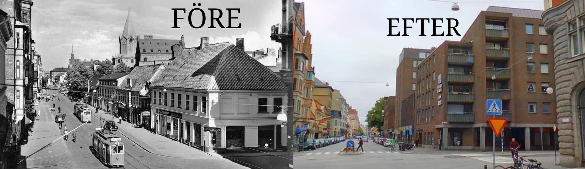 Samma vy förr och idag på Östergatan. Kvarteret Menved till höger bestod av både vackra småhus och gedigna stenhus.