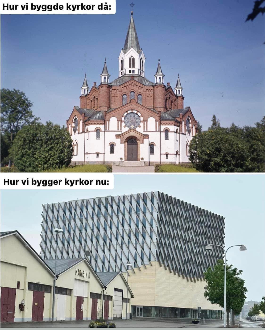 Denna jämförelse illustrerar det absurda med dagens sätt att bygga kyrkor. Gud bevare oss, eller vad säger man? Bild: AU