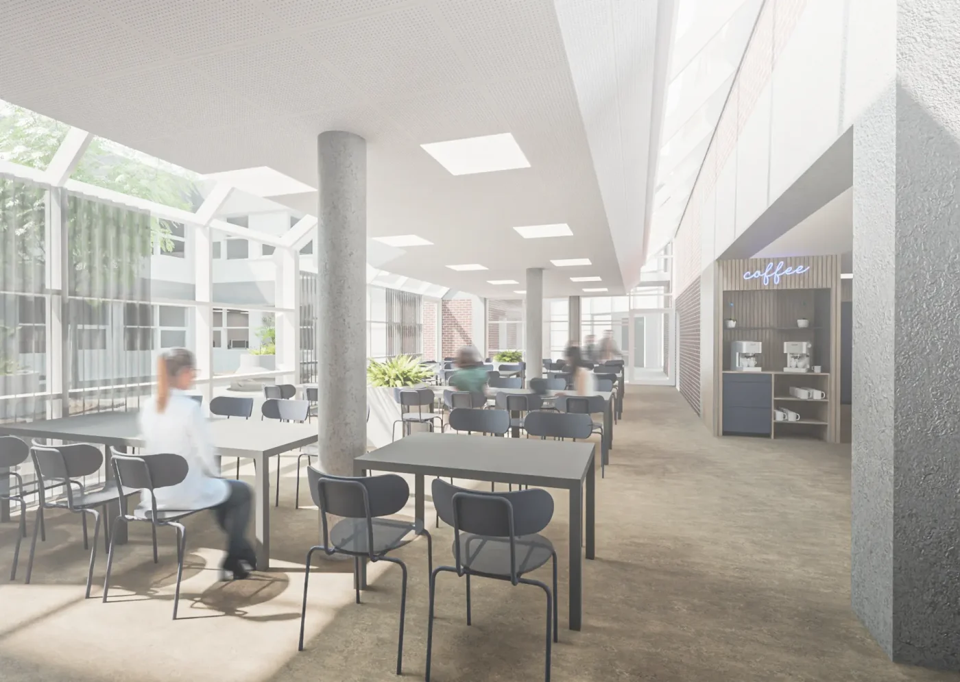 Kantine på Aalborg Universitet med spiseområder og stort dagslysindfald