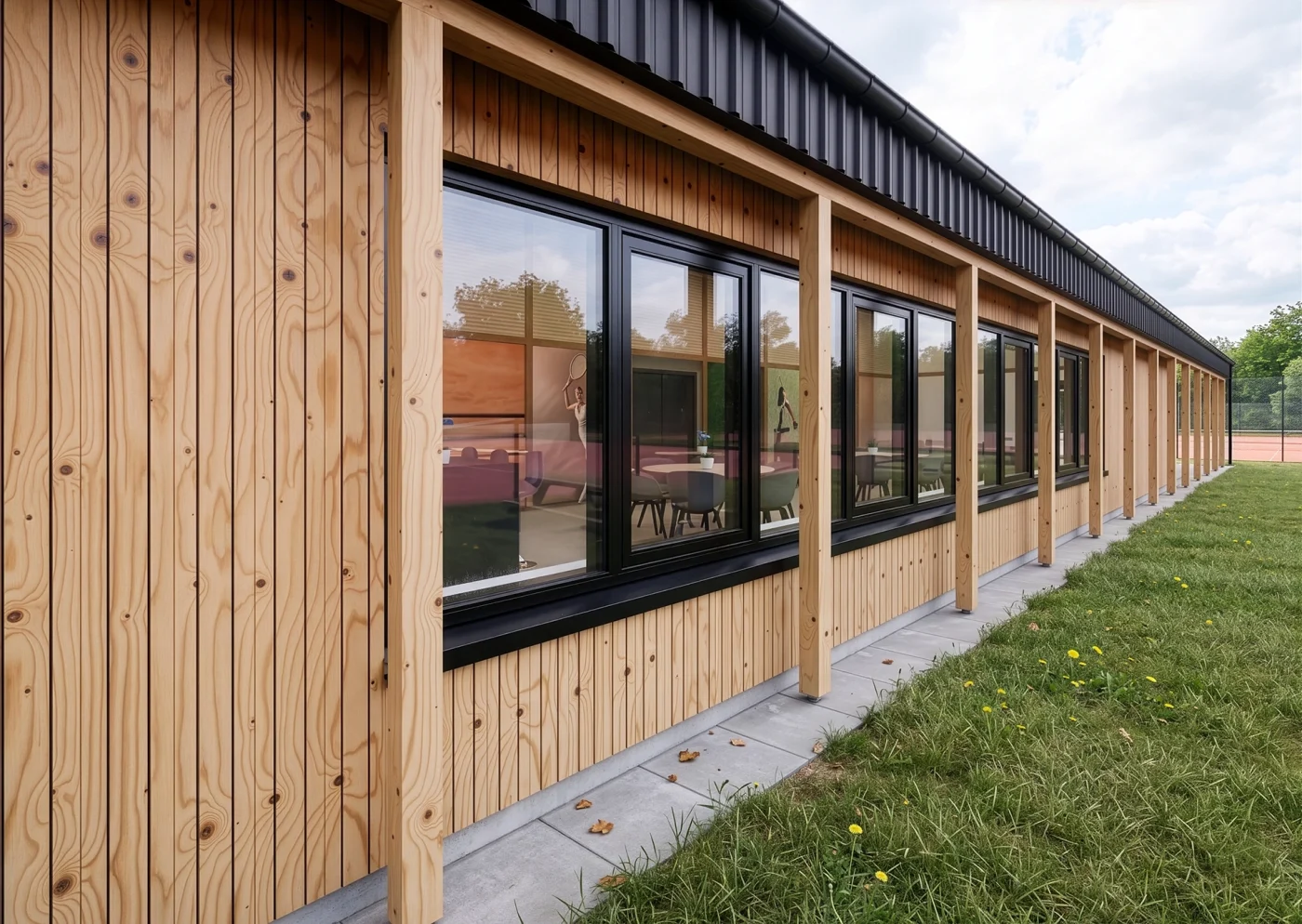 Træbeklædt facade på Banekanten med store vinduespartier og kig ind til fællesrum ved tennisanlæg