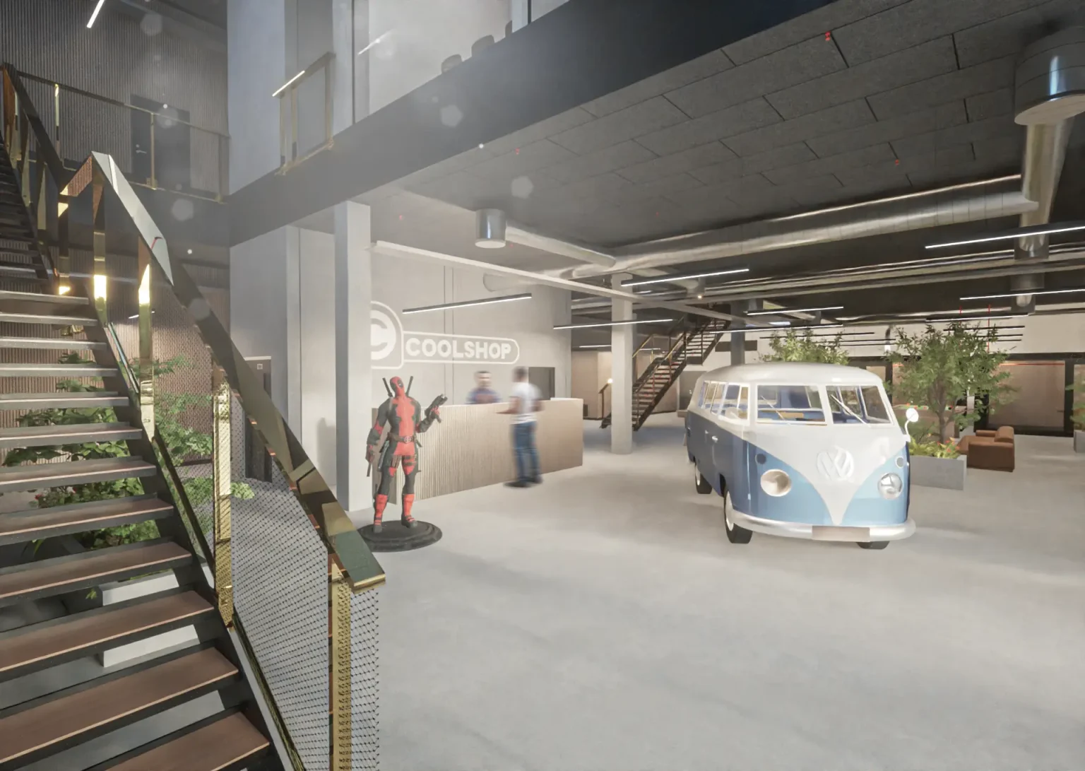 Arkitekturvisualisering af Coolshops nye reception og indgangsområde i kontorbygning i Nørresundby