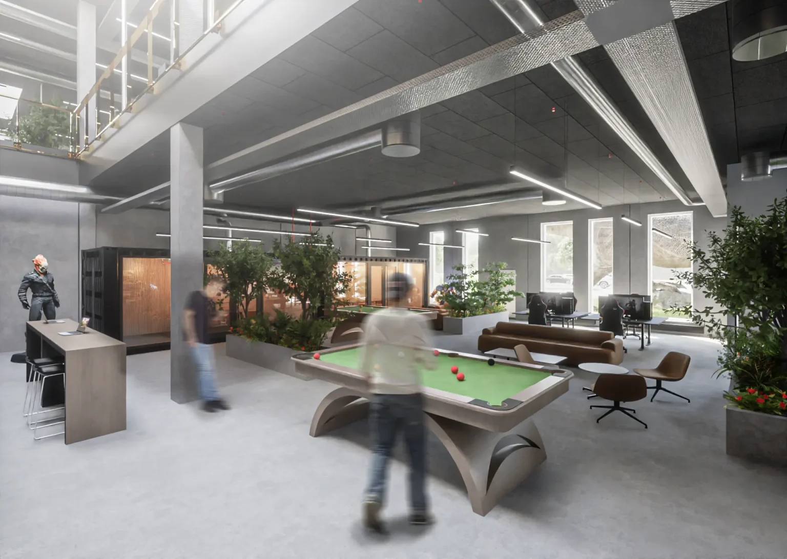 Socialt opholdsrum med poolbord og loungeområder i Coolshops kontorbygning