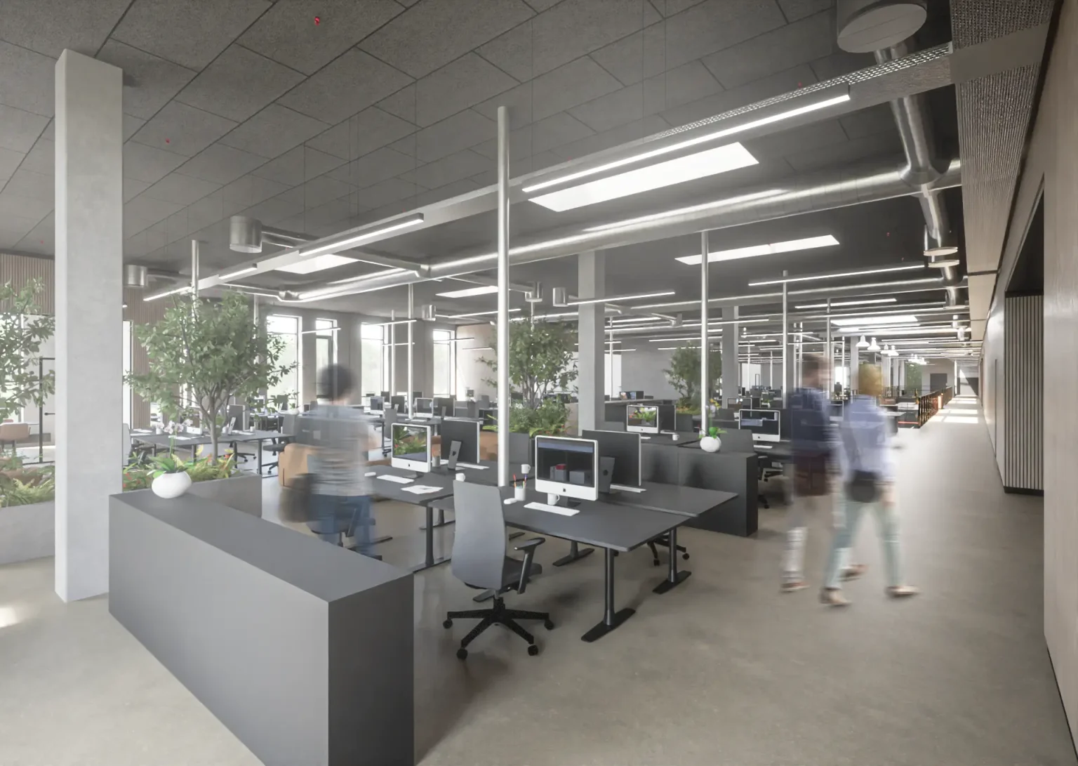 Åbent kontorlandskab med grønne plantezoner og arbejdsstationer i Coolshops administration