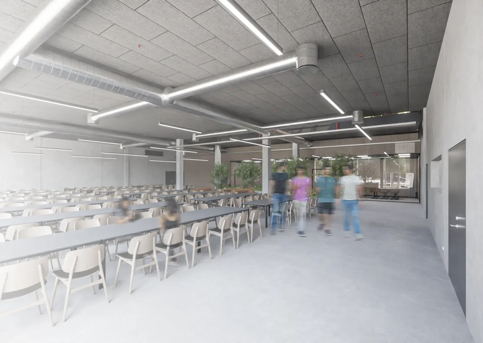 Kantineområde med langborde og fælles spiseplads i Coolshops nye administrationsbygning