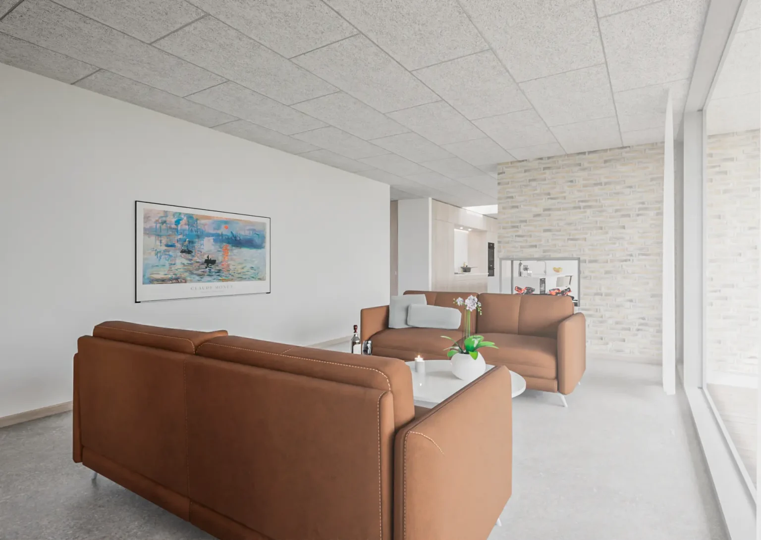 Stue med store vinduespartier og udsigt til naturen omkring Villa Grævlingen.