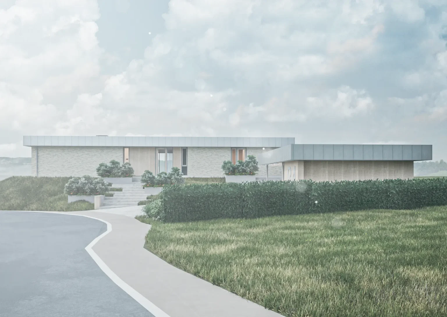 Indkørsel og ankomst til Villa Grævlingen med integreret carport og landskabsbearbejdning.