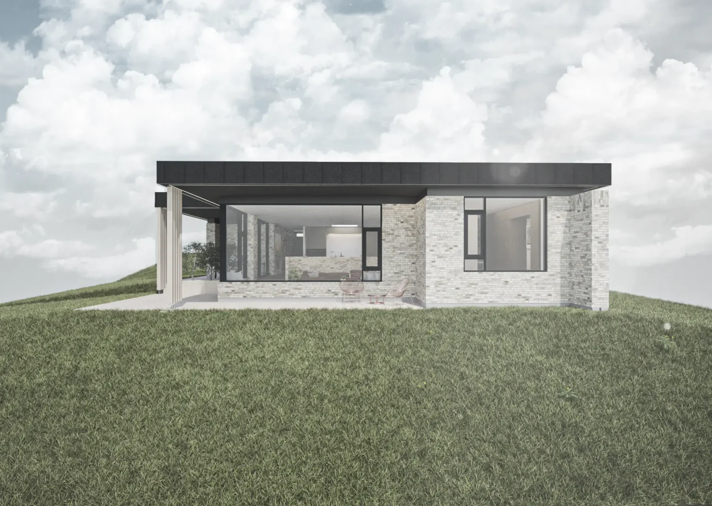 Villa I38 set fra haven med overdækket terrasse og store glaspartier.