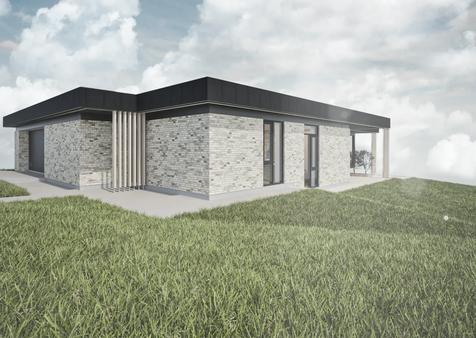 Facade på Villa I38 med lyse tegl og fladt tag i moderne arkitektur.