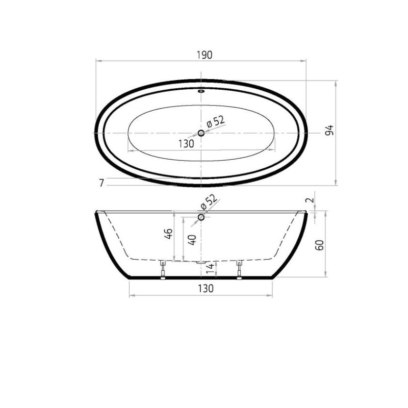 Britt  190x94x60 vrijstaand bad mat wit incl. sleuf overloop/afvoer mat zwart - Afbeelding 1