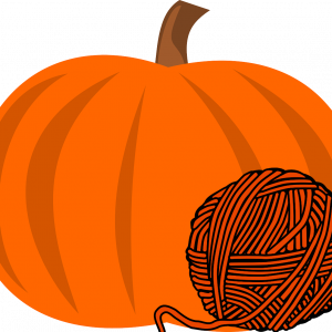 Pumpkin with orange wool beside it.