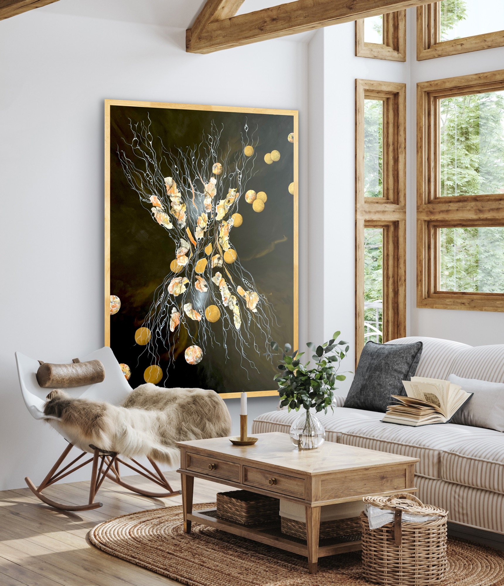 Maleri 130x180 cm i sort og gyldne farver. farver. inkl lys træramme