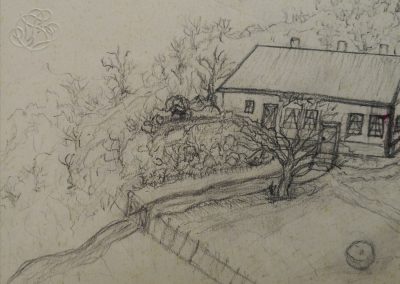 drawing of a house in terrain.