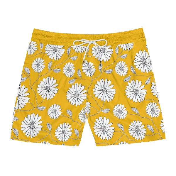 Men's Mid-Length yellow Swim Shorts White petaled flower - Image 2