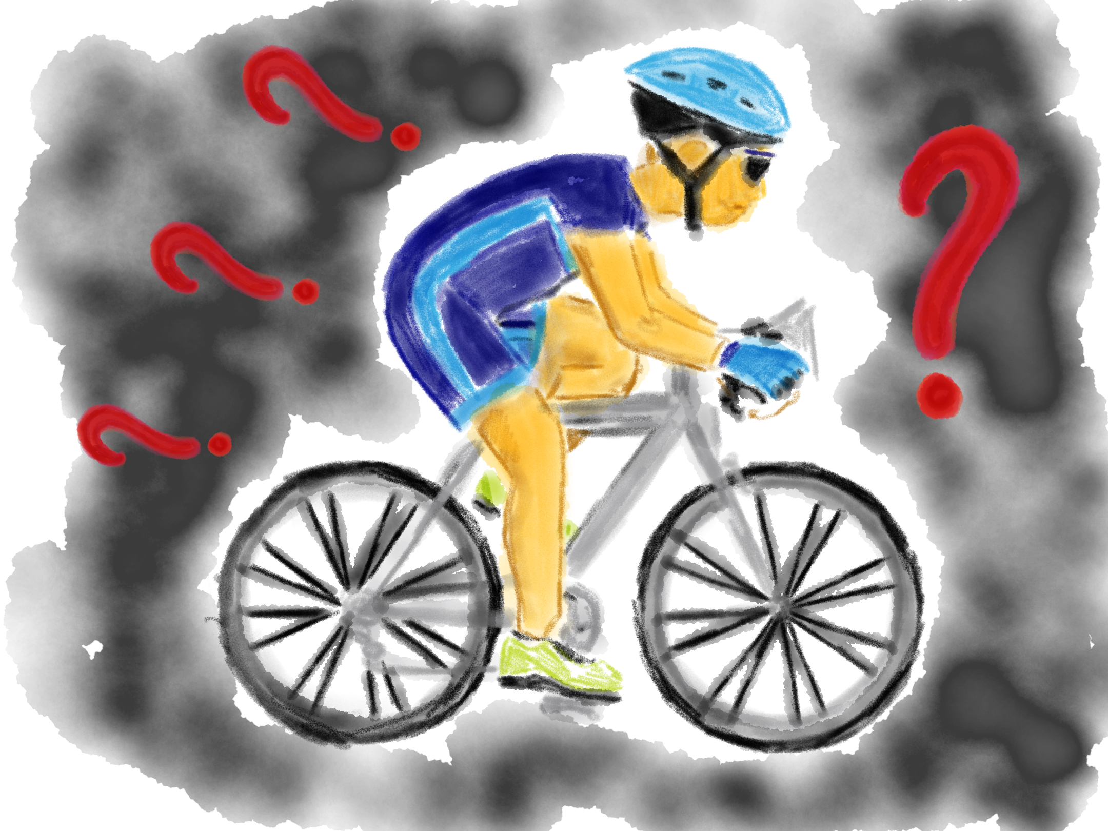Tegning af en emoji med en cykelrytter med en masse spørgsmålstegn omkring ham