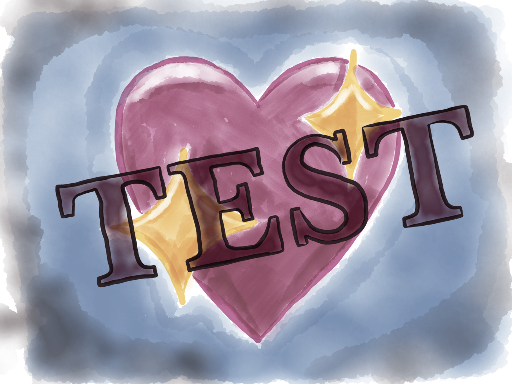 En tegning af et emoji hjerte med glimmer, der har ordet TEST skrevet henover
