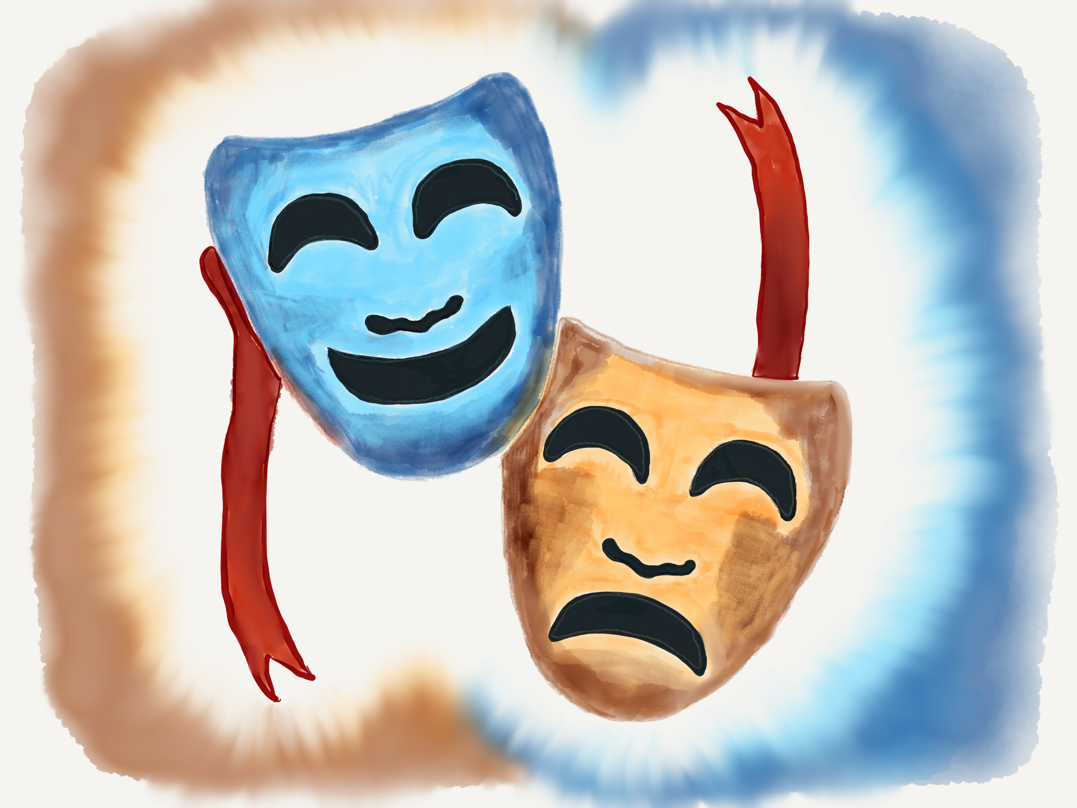 Håndtegning af emoji med to græske masker, en glad og en vred