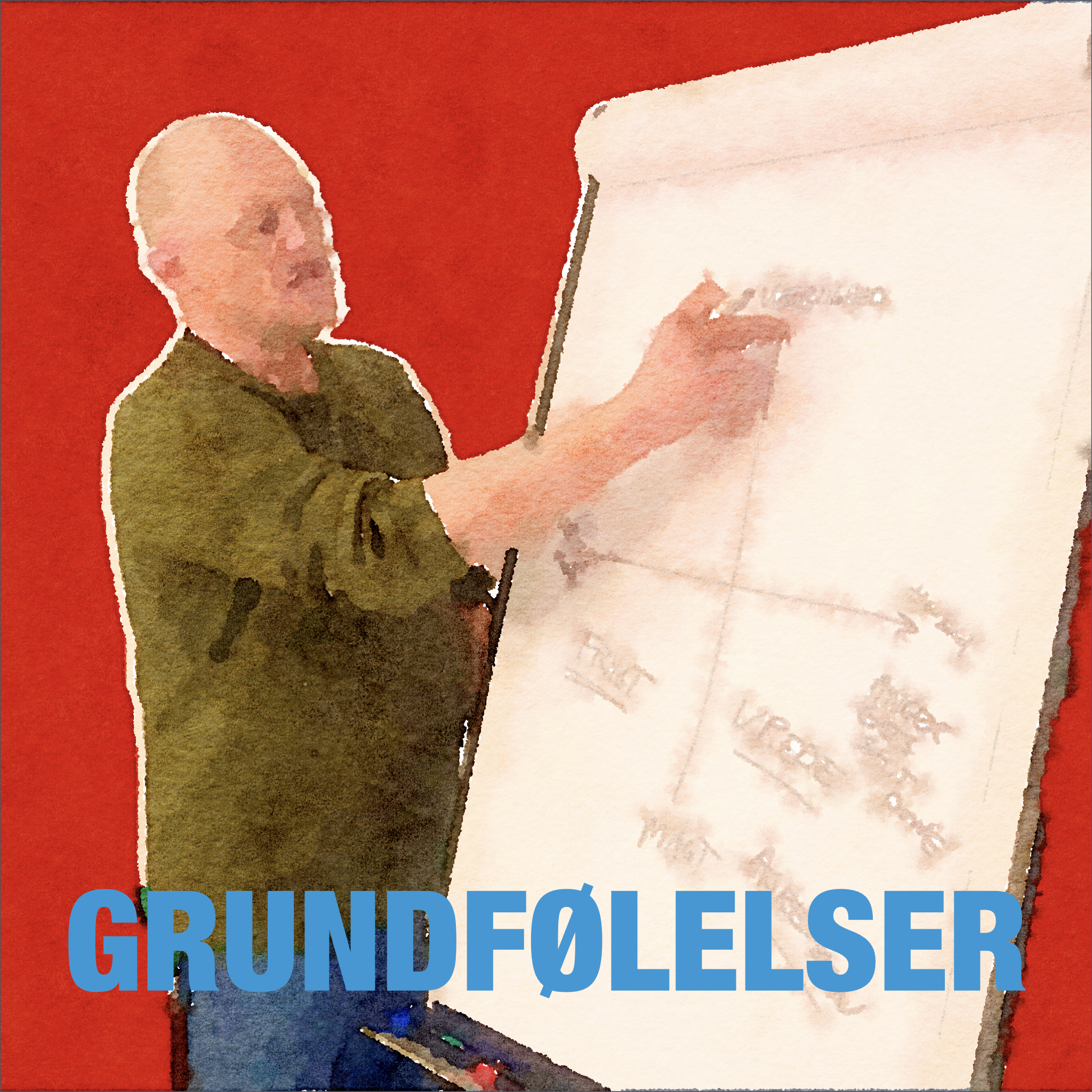 Asger Johannes Steenholdt står ved et whiteboard og forklarer gestaltterapiens grundfølelser