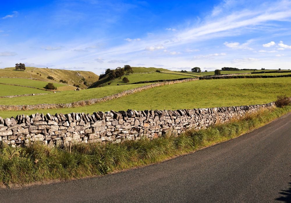 Peak District landscape with fields and dry stone walls