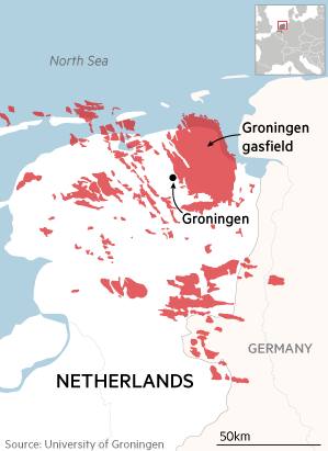 Map showing the Groningen gasfield, Netherlands