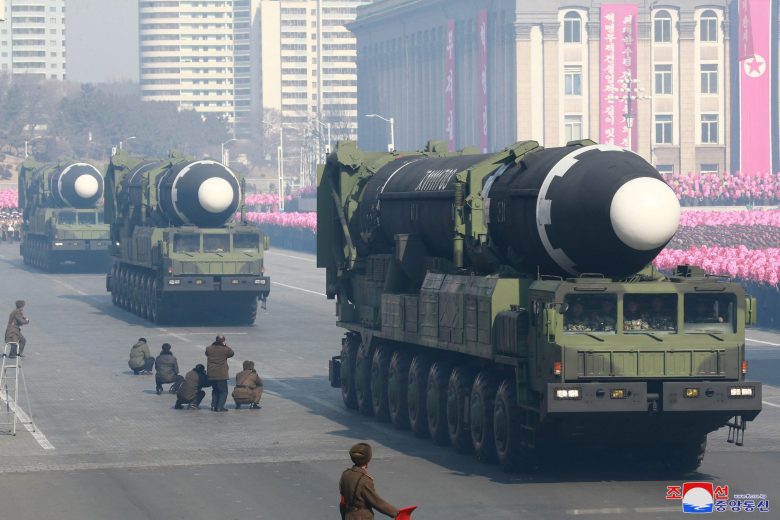 Intercontinental ballistic missiles at a military parade celebrating the 70th founding anniversary of the Korean People's Army in Pyongyang. Photo: KCNA via Reuters