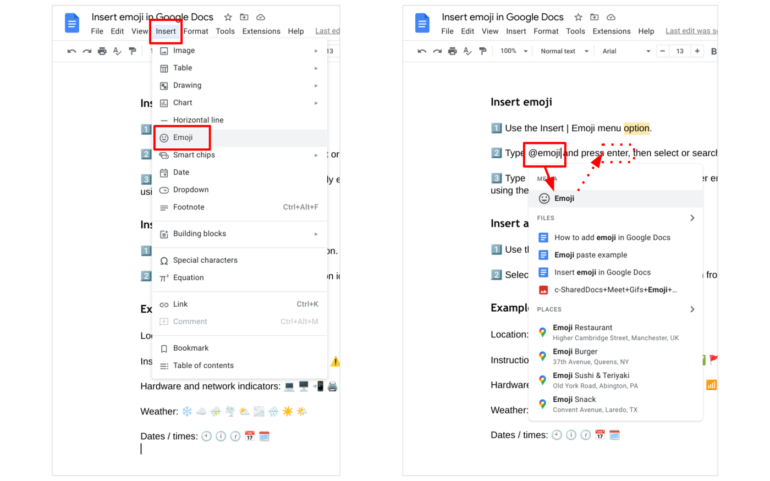 In Google Docs on the web, insert emoji either from the menu (left) or with the smart @ menu option, @emoji.