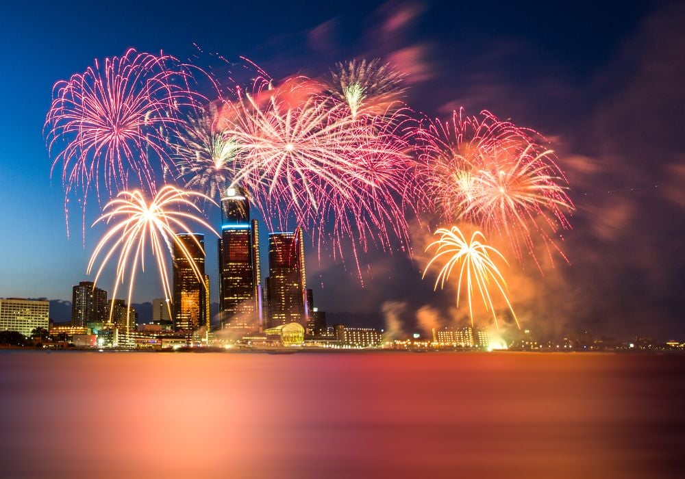 fireworks over the city of detroit in michigan